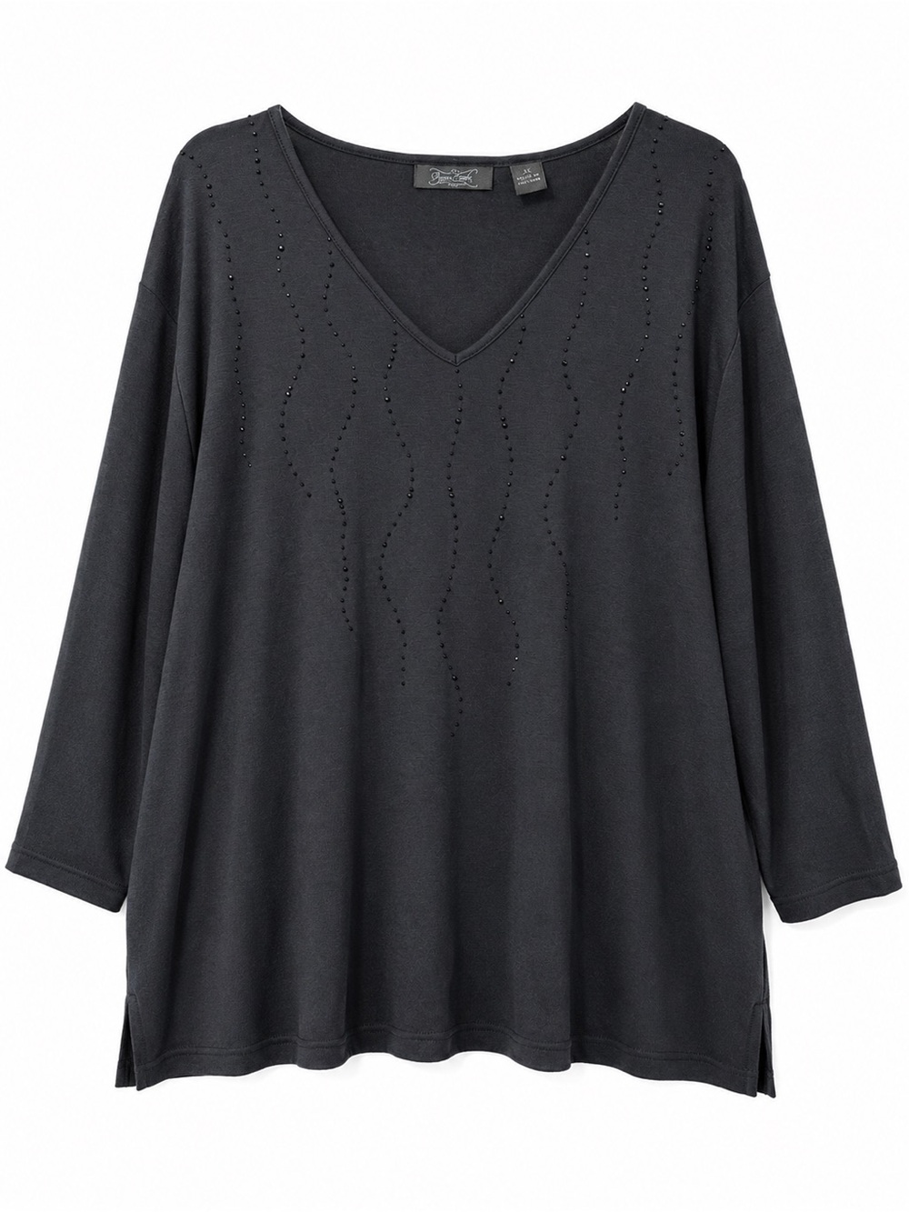 Women's V-Neck Embellished Short Sleeve Tee - Black